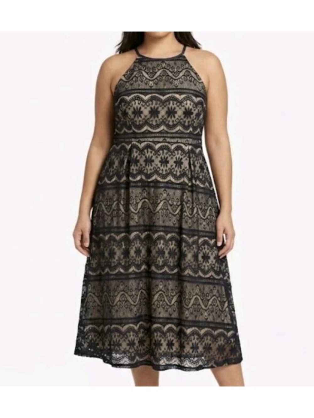 G collection Women's Large Black Lace Over Nude Lining Petti Coat Halter Dress